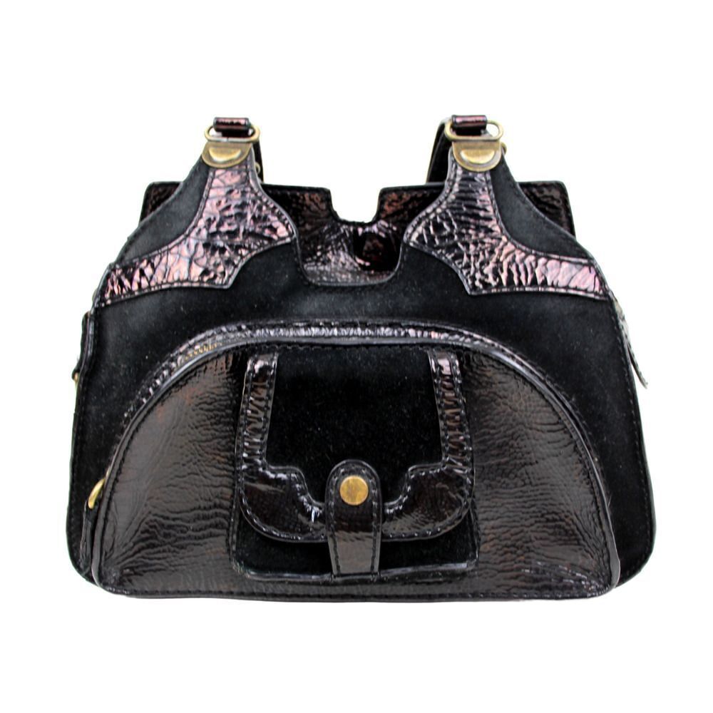 BICA CHEIA BLACK CRINKLED GENUINE LEATHER SUEDE TOTE SHOULDER BAG HANDBAG PURSE